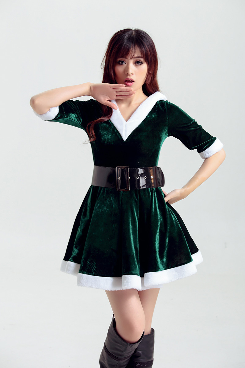 FC150 Green Christmas Uniform Sexy Pajamas Ruffled Hooded Nightclub Dress